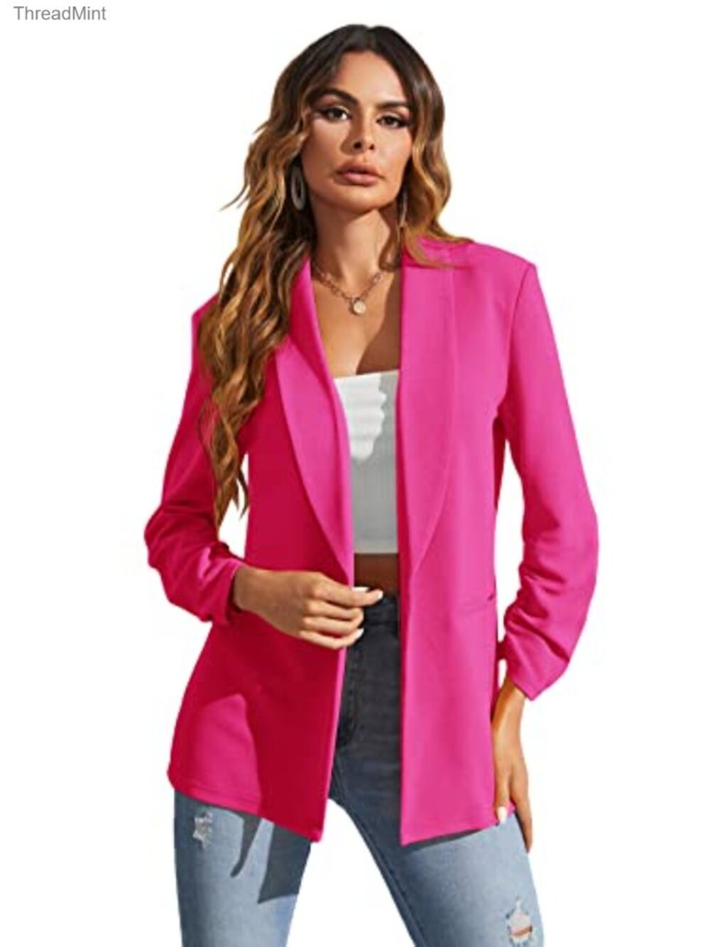 Long Sleeve Open Front Blazer Casual Work Office Jacket with Notch Collar
